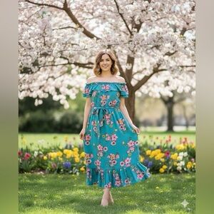 Floral Midi Dress in Teal and Pink